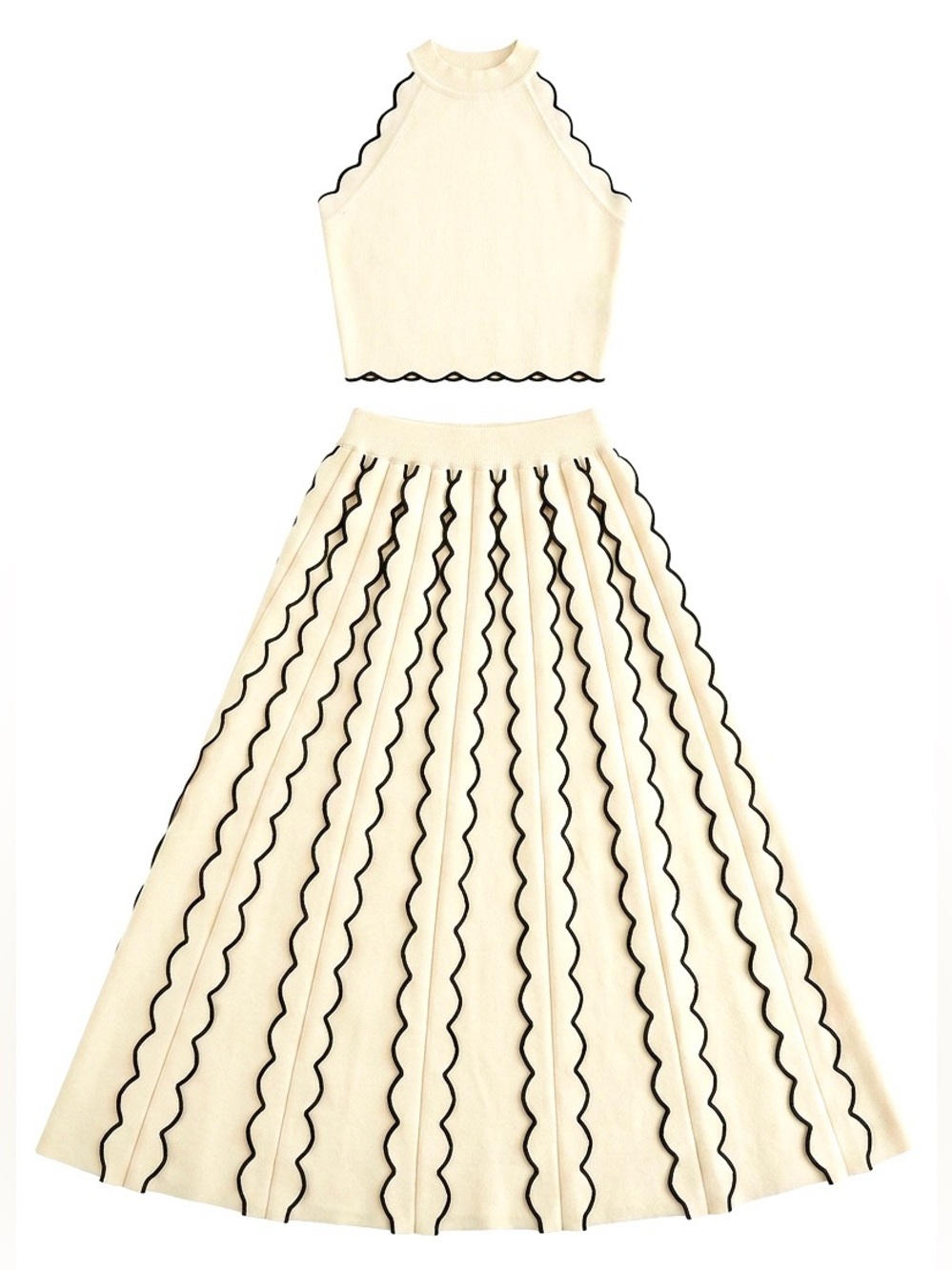 Cream Knit Two Piece Set Scalloped Halter Crop Top Wavy Stripe Midi Skirt Size M - Picture 5 of 11